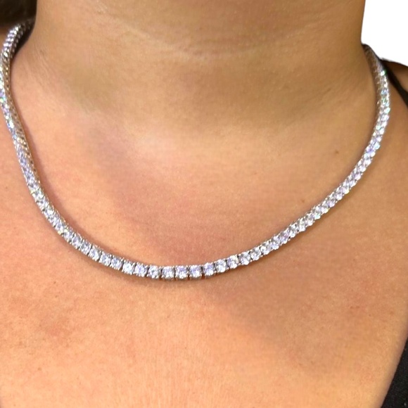 925 Sterling Silver Tennis Necklace With Cubic Zirconia 16” Long - Picture 3 of 8